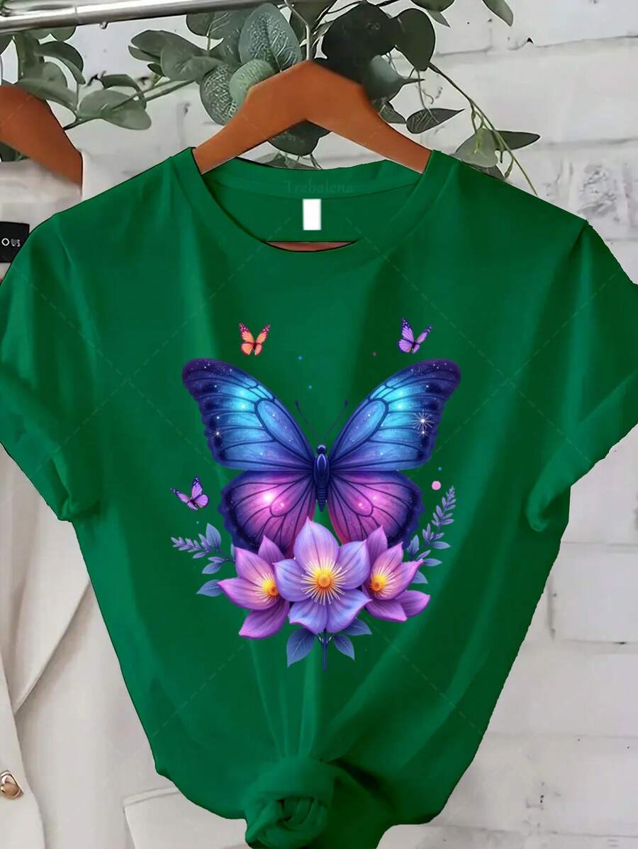 Classic Plus Size - Women's T-Shirt With Modern Prints, Featuring Colorful Butterfly And Flower Designs, Perfect For A Casual Summer Look. This Short-Sleeved, Crew-Neck T-Shirt Is Ideal For Summer And Fall, Making It A Great Gift For Thanksgiving And Christmas. Best Seller - 綠色 - 查看 1