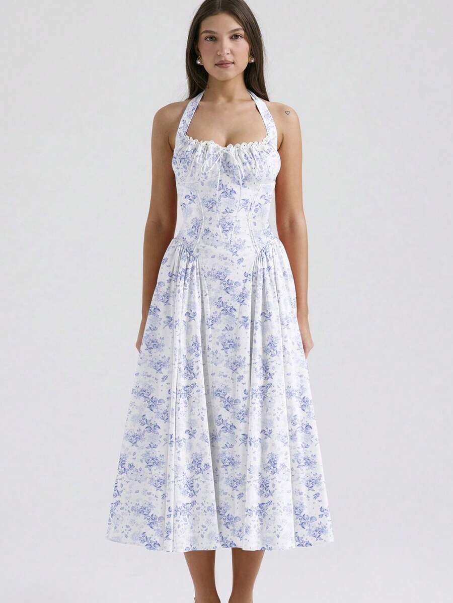 Long Dress With Adjustable Straps And An Elegant European-Style Print. - Blue - View 1