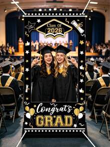 1 pieza Fondo de fotografía de graduación 2026 en negro y dorado, Marco de felicitaciones de graduación, Decoración de fiesta, Telón de fondo de graduación, Fondo de fotografía de fiesta de graduación 2026, Decoración, Accesorio fotográfico, Adecuado para cualquier escuela o grado, Decoración de graduación, Regalo de graduación - Graduación de oro negro - Ver 5