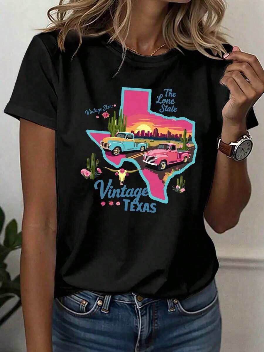Camiseta de diseño estampado casual 100% algodón para mujer, camiseta deportiva casual para mujer, camiseta de cuello redondo, estilo vintage TEXAS Lone Star State, retro occidental, para mujeres jóvenes, uso diario, mercancía del Día de la Independencia, diseño de camioneta del desierto, estilo occidental, retro, cómoda para todas las estaciones, tops de verano 2026, atuendos diarios para mujer, adecuada para primavera, verano y otoño. - Negro - Ver 1