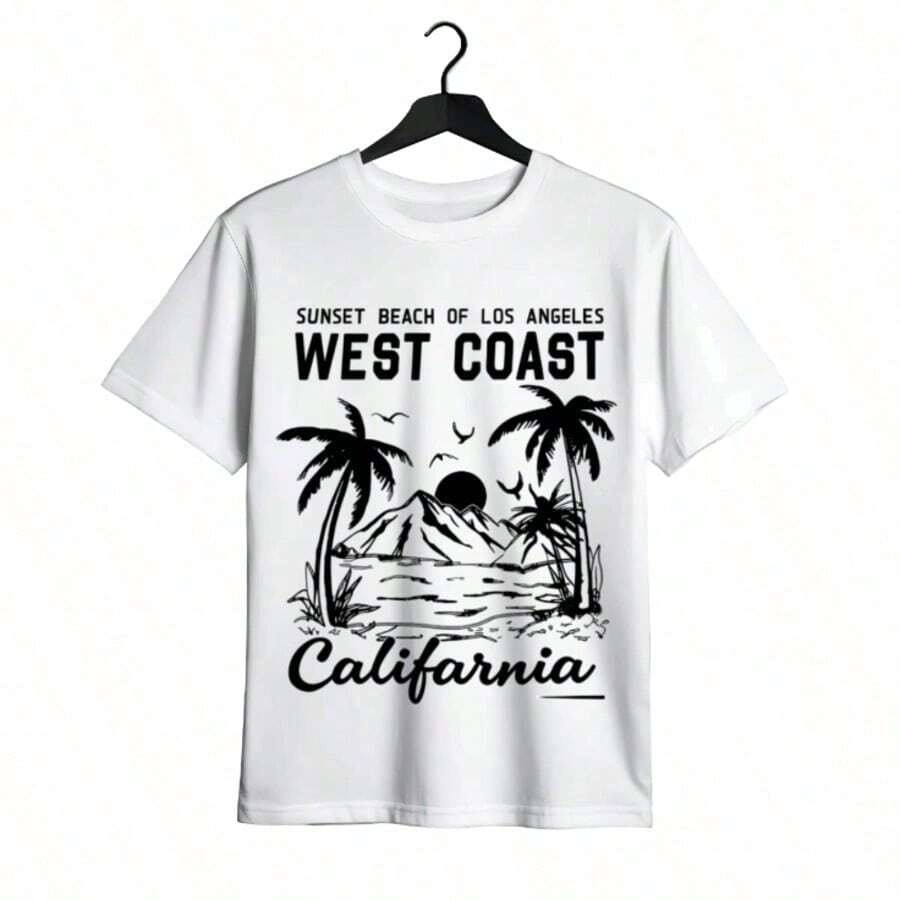 Tops para mujer de algodón de longitud regular, casual y linda para mujer, con diseño de Sunset Beach, Los Ángeles, Oeste de California, cuello redondo y manga corta, para verano. Ropa de verano para mujer, ropa de vacaciones para mujer, tops para mujer, tops y conjuntos de verano, ropa de verano, regalos de cumpleaños, regalos para la Copa Mundial 2026. - Blanco - Ver 1