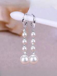 2pcs White Pearl Pendant Copper Earrings With Tassel Design - Pearl - View 3