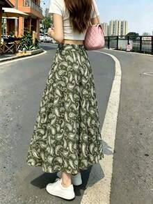 Falda acampanada para mujer con elegante estampado bohemio, forrada, adecuada para verano, otoño y primavera - Verde Oscuro - Ver 3