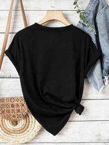 Women's Casual Short-Sleeved Cotton T-Shirt With A Round Neck And A Fun Pickleball Print - This Loose-Fitting White T-Shirt With A Round Neck Is Suitable For Spring, Summer, And All Seasons. It's A Versatile, All-Season Garment And Machine Washable. A Simple T-Shirt For Everyday Wear. - 黑色 - 查看 3
