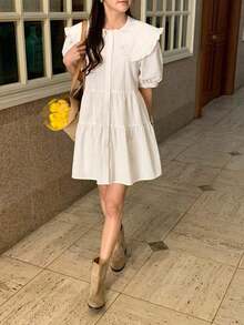 Vestido corto de verano informal y dulce con cuello Peter Pan, borde con volantes y unicolor - Blanco - Ver 9