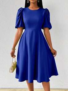 Vestido verde de manga abullonada larga, cuello en V, cintura recogida y bajo acampanado, para primavera y verano - azul real - Ver 7