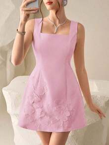 Vestido mini sexy con decoración floral 3D y cinturón a la cintura en color amarillo pálido, adecuado para citas, fiestas y ocasiones formales - Rosa Pálido - Ver 5