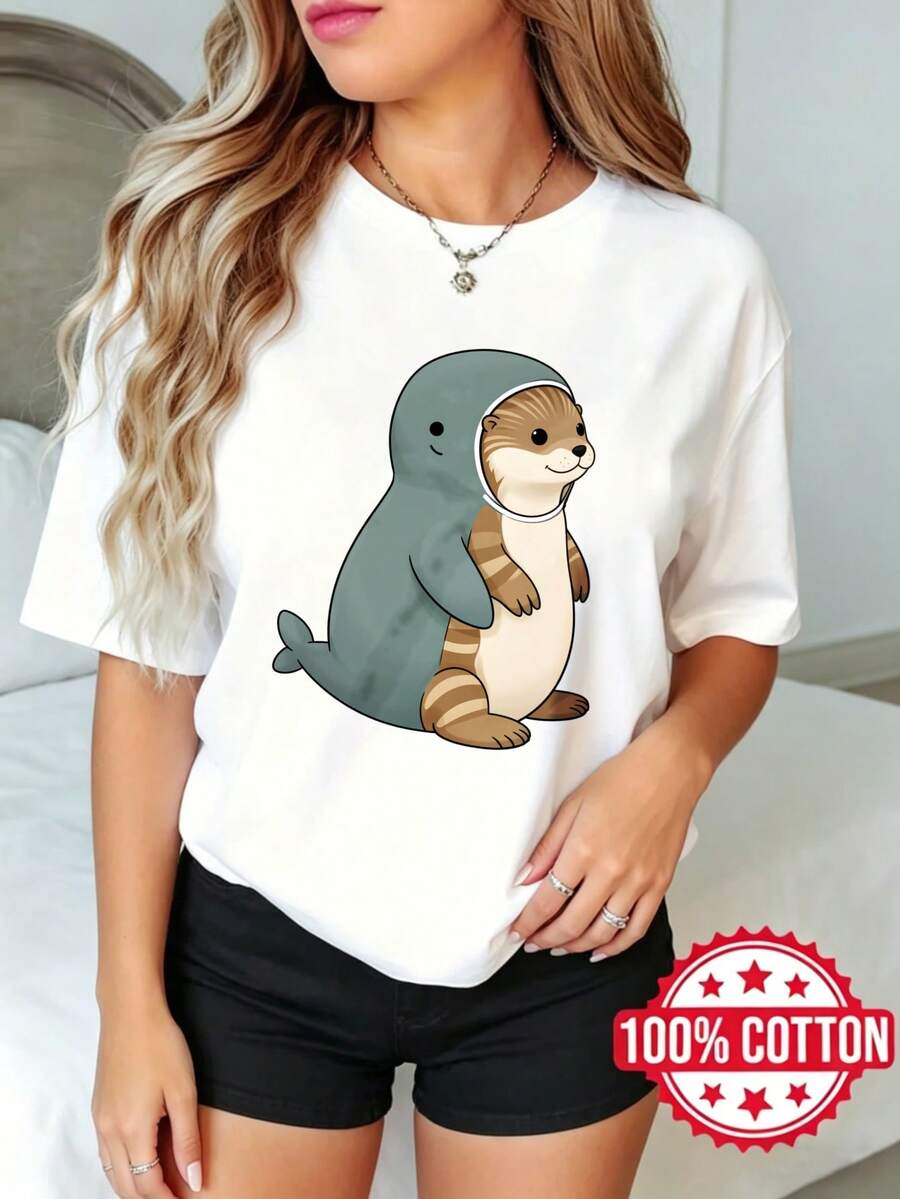 Camiseta estamp de manga corta y cuello redondo para dama en verano Nutria disfraz de foca S-3XL 100% aodón material transpirable