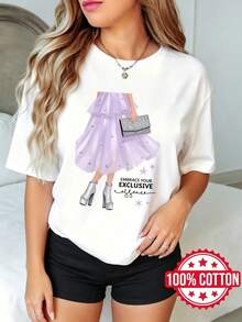 Women's Short-Sleeved T-Shirt With Round Neck And Print, Summer Fashion Dress With Clutch And Heels S-3XL 100% Cotton Breathable Material - 白色 - 查看 1