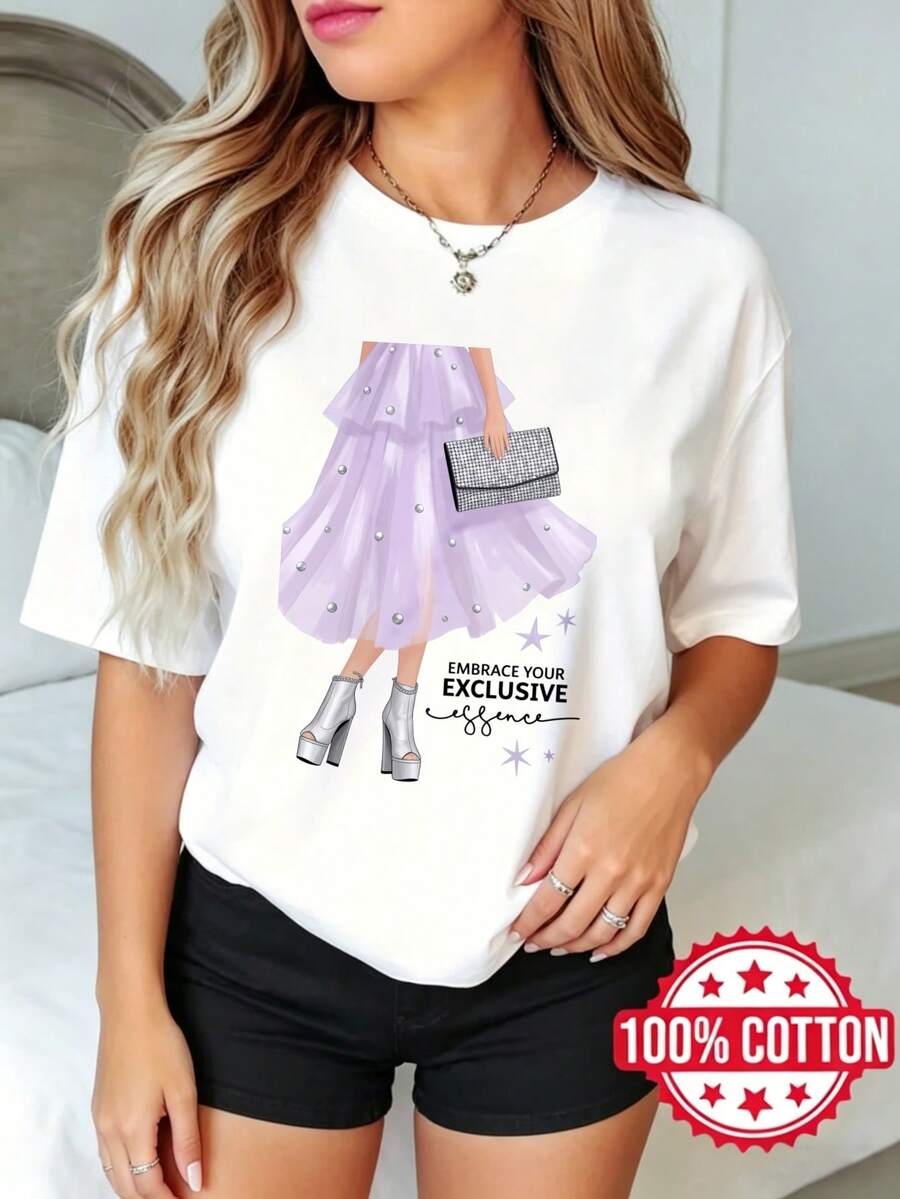 Women's Short-Sleeved T-Shirt With Round Neck And Print, Summer Fashion Dress With Clutch And Heels S-3XL 100% Cotton Breathable Material - 白色 - 查看 1