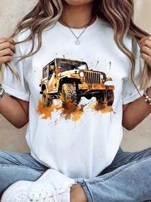 Women's Clothing 1 Piece JEEPS Women's Printed Cotton T-Shirt, Short Sleeve, Round Neck, Perfect For Outdoor Activities, Casual Wear, 100% Soft Cotton Women's Shirts - 白色 - 查看 6