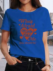 Camiseta clásica de manga corta con estampado "¿Quién me teme?", cuello redondo, ropa de mujer, manga corta casual, ropa de verano para mujer, esencial para otoño e invierno, ropa de oficina, ropa de viaje, éxito de . - Azul - Ver 6
