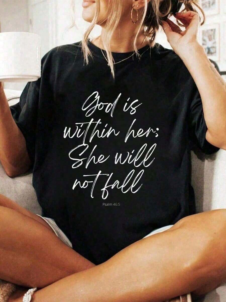 One-Piece Short-Sleeved Christian T-Shirt, 100% Cotton, With The Phrase "God Is Within Her, She Will Not Fall," For Men And Women, Soft And Breathable, Classic Style, Summer Fashion, 210g, 100% Cotton, Designs Are Printed. Unisex. Leisure - 黑色 - 查看 1