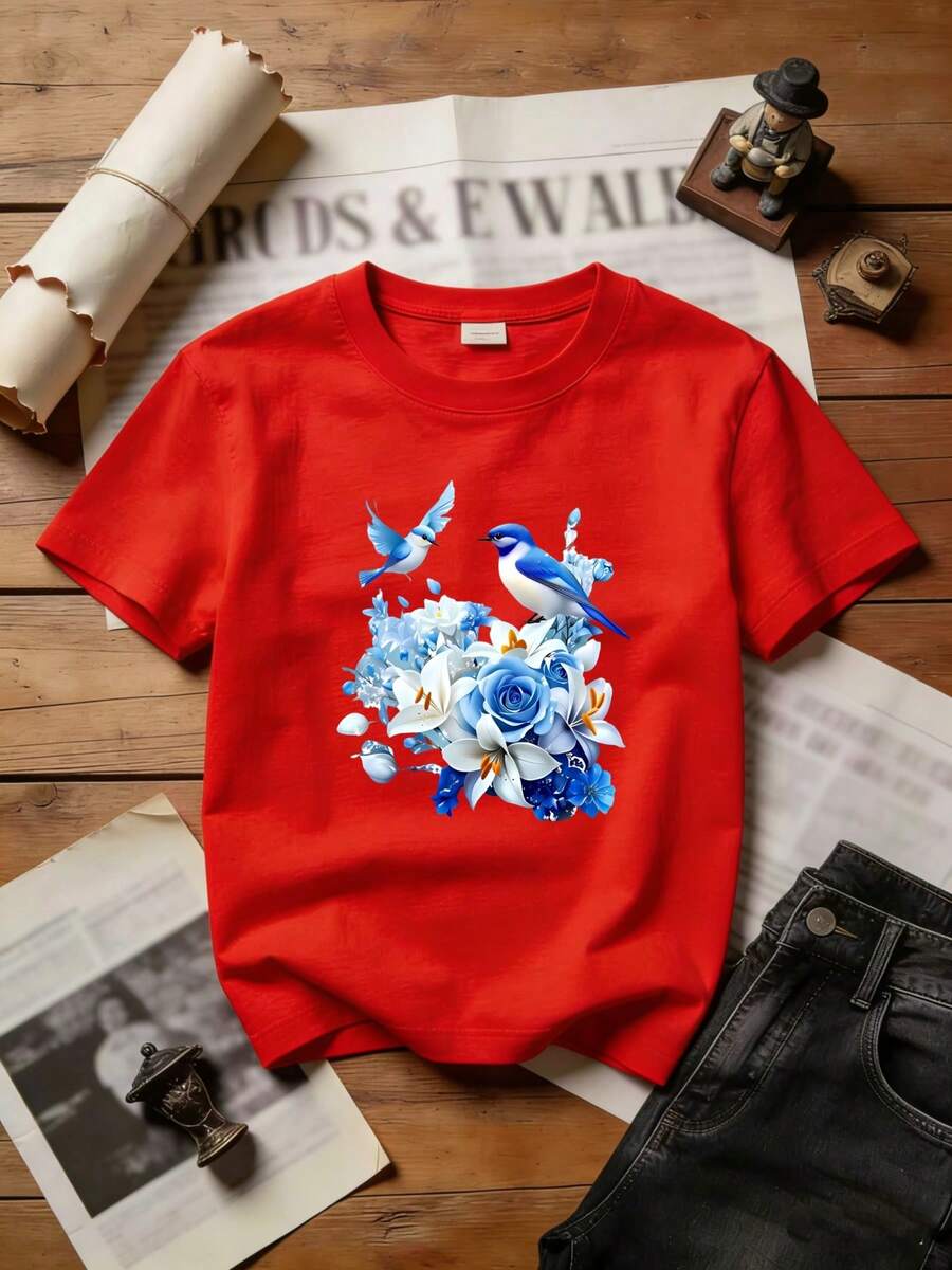 Camiseta de regalo para mujer con estampado de pájaro azul y flores, 100% transpirable, cuello redondo, casual y sencilla, lavable a máquina, ajuste cómodo, adecuada como regalo para familiares. - Rojo - Ver 1