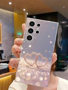 1件裝 Lucky Double Heart 高級星空透明軟手機殼 保護套，適用於 Galaxy A04e/12/A13/A14/A34/A50/A52/A53/A54/S21/S22/S23/S24/S25/S25Ultra，此圖案為平面印刷，非莫桑鑽 - 無色 - 查看 4