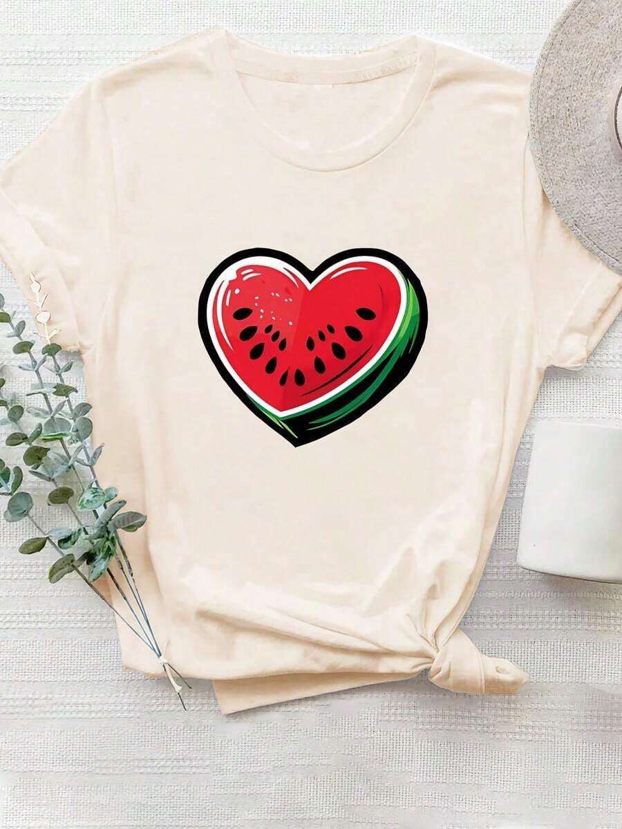 Women's Heat T-Shirts, 1 Piece Fashion Casual T-Shirt For Men And Women With Watermelon Heart Print - Green, Crew Neck, Lightweight Polyester, Summer Style, Machine Washable, Versatile, Easy To Match, Daily Wear, Urban Style, Holiday Clothes, Weekend Clothes - 杏色 - 查看 1