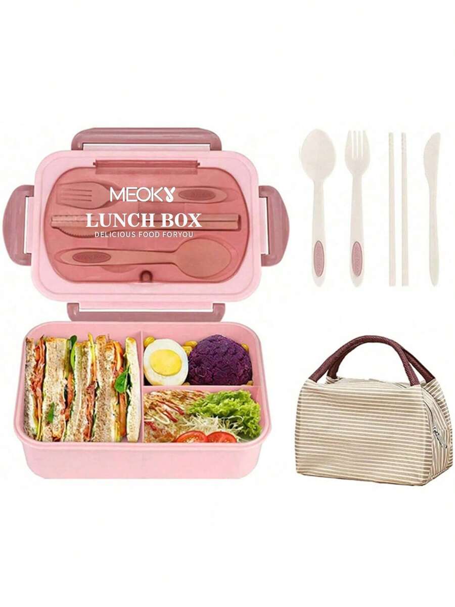 Meoky 成人便當盒套組，3格分隔便當盒，男女適用，含餐具、醬料杯、馬芬杯，可微波爐使用、可洗碗機清洗，廚房用品，聖誕禮物