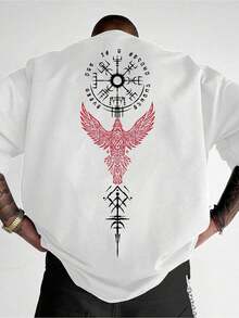 1 PACK Casual 100% Cotton Tee, Viking Vegvisir Raven Rune Tattoo Back Print Short Sleeve Top, Summer Biker Street Outfit - White - View 7