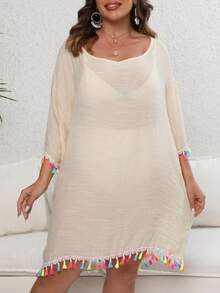 Plus Size Beach Dress For Women With Multicolored Fringe, Loose And Short, Various Colors, Ideal For Summer - Apricot - View 5