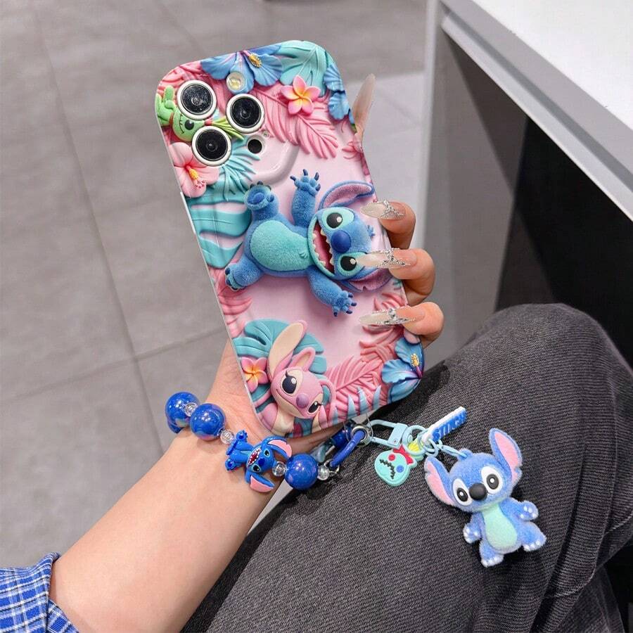 Disney Lilo & Stitch Phone Case With Stitch And Angel Charm And Stitch Lanyard - Cute Stitch And Angel Protective Case With Tropical Flowers And Scrump Doll Design, Equipped With Delicate Stitch Decorative Lanyard And Beaded Bracelet For Easy Carrying, Compatible With IPhone 17, 16, 15, 14, 13, 12, 11 Pro Series, Ideal For Birthdays, Holidays, Anniversaries, Graduation Gifts, Or Any Special Occasion To Surprise Family, Friends, Classmates, And Loved Ones. - 白色 - 查看 1