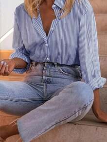 Camisa de manga larga a rayas casual y de uso diario para mujer, color rosa, para primavera - Azul marino - Ver 6