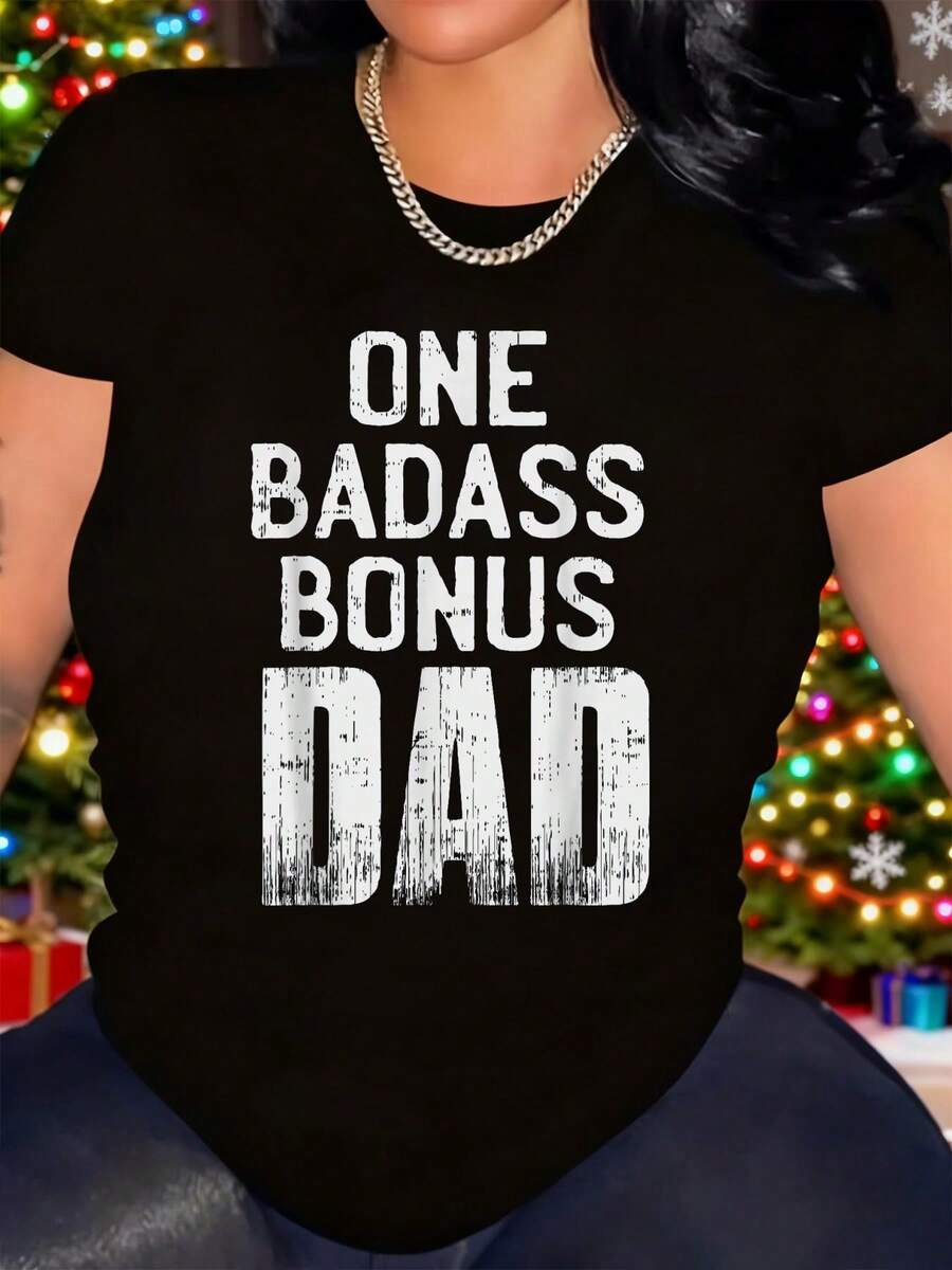 Camiseta de talla grande para mujer, estilo "Bonus Dad" - Camiseta para Navidad y Día del Padre con la inscripción "Dad", blusa casual de manga corta y cuello redondo para cumpleaños, regalos (lavable a máquina, ropa de primavera/verano) - Negro - Ver 1