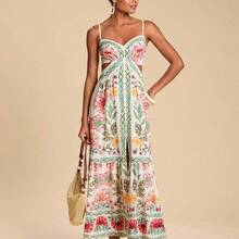 Women's Summer Vacation Floral & Geometric Print Hollow Ruffle Hem Maxi Slip Dress,Summer Beach Outfits, Christmas Party Clothes, New Year Look, Thanksgiving Outfits, Elegant Dresses Party, Tropical Vacation Dress, Garden Party Dress, Wildflower Dress,Christmas Outfit, New Year Clothes, Thanksgiving, Chic Elegant Dress For Party, Luxury Wedding Guest Party Dress,  Cocktail Dress - Rojo - Ver 5