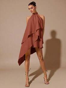 Vestido de satén de línea A con escote halter y espalda descubierta de unicolor amarillo/crema, adecuado para primavera/verano, vacaciones, playa, invitada elegante de boda, fiestas, ocasiones de otoño/invierno, Navidad elegante, Halloween - Marrón - Ver 7