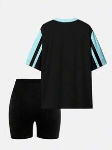 Conjunto de camiseta y pantalones cortos de ciclista con estampado gráfico de número 13 y eslogan, de moda casual para mujer - Multicolor 15 - Ver 2