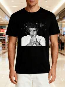 Unisex T-Shirt Made Of Pure Cotton, Black And White Portrait Print. Black Short-Sleeved T-Shirt By Anthony Bourdain, A  Top For Fans Of Culinary, Cultural, And Exploration. Summer T-Shirt, Summer Clothing For Women, Men's Summer Outfit, Women's Shirt, Creative Design, Outdoor Play, Cool Style, Fun Design, Great For Outdoor Play. - Black - View 5