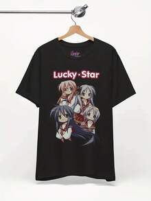 Nueva Camiseta para Hombre 2026: Adorable Camiseta de Anime Lucky Star - Camiseta Humorística de la Escuela Secundaria Jojifuku, con un Fondo Negro y Arte de Personajes en Rosa y Blanco, Estilo Casual Unisex de Cuello Redondo, un Regalo Ideal para Entusiastas del Anime. - Negro - Ver 6