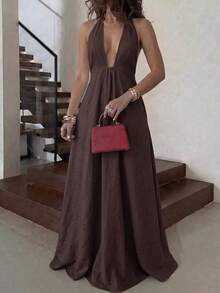 Vestido largo casual de mujer con tirantes finos de color marrón, vestido largo de lino con cuello en V profundo y espalda descubierta con bolsillos, vestido para playa y vacaciones - Marrón - Ver 3