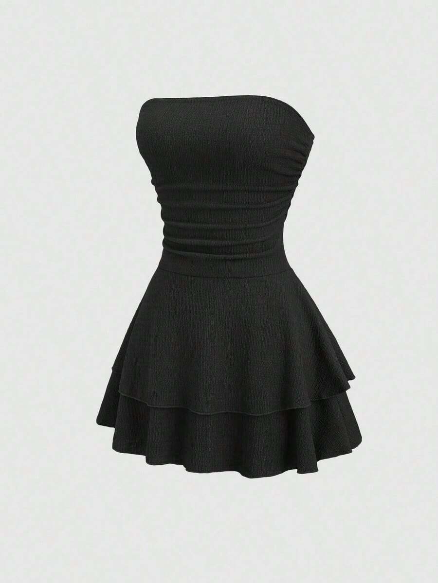 Vestido mini de punto sin tirantes de unicolor minimalista para mujer, vestido de pastel de múltiples capas - Negro - Ver 1