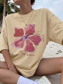 Camiseta con estampado floral, estampado de letras, camiseta casual de manga corta con cuello redondo, adecuada para vacaciones y uso diario - Camiseta unisex de algodón suelto de manga corta con cuello redondo estilo vintage, blusas para mujer. blusas.blusas casuales para dama. - Albaricoque - Ver 6