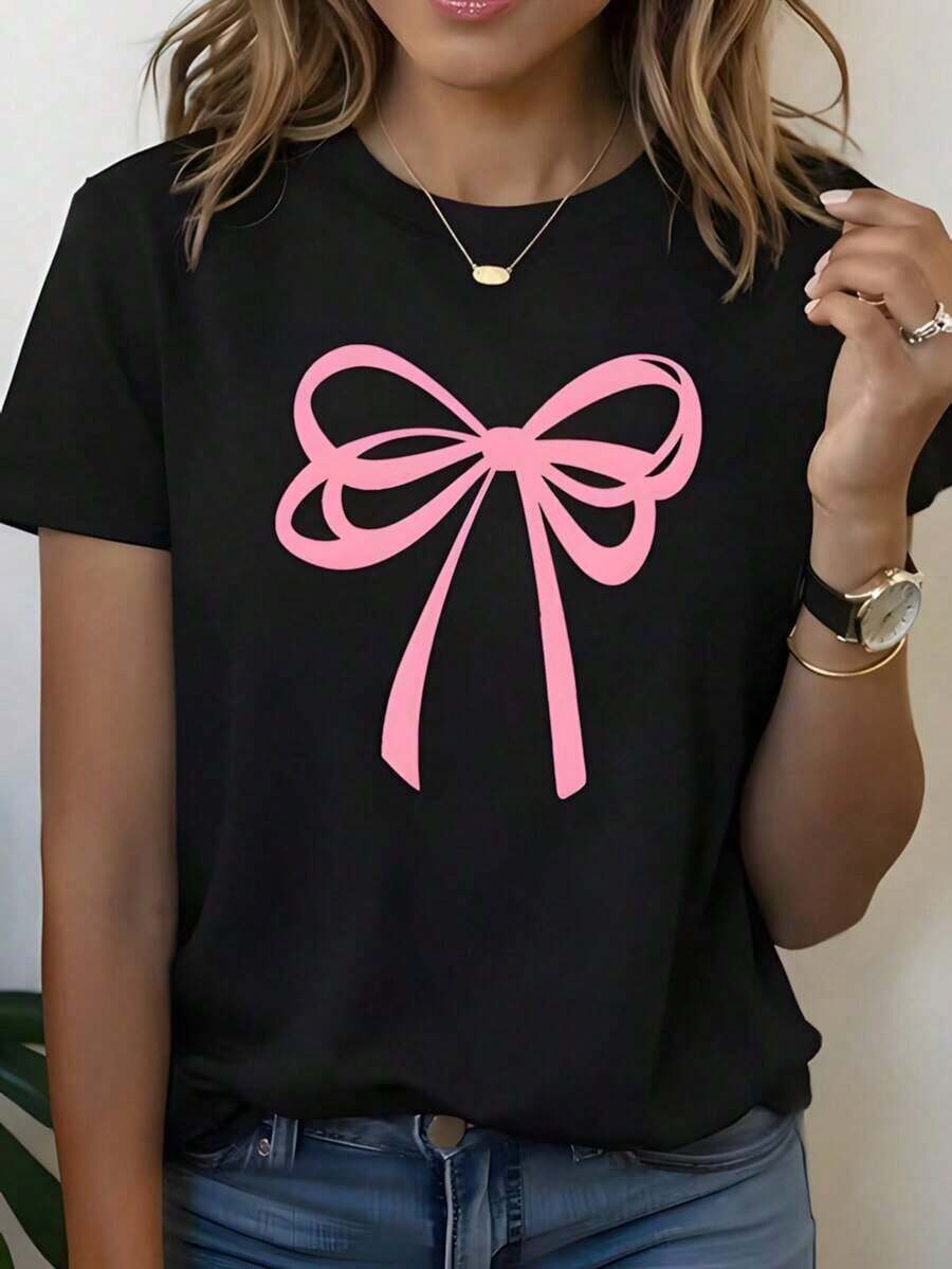 NEWCamiseta de mujer cuello redondo manga corta con estampado de lazo lineal, diseño de gran lazo en líneas curvas color rosa con alto contraste visual atractivo-Vintage Street Style Unisex Loose Cotton Short Sleeve Crew Neck T-Shirt - Negro - Ver 1