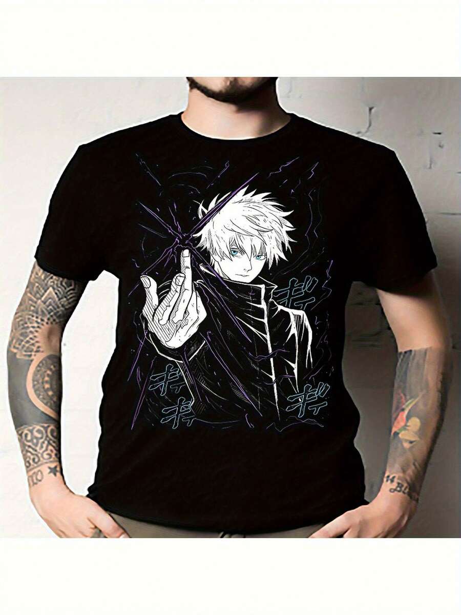 Camiseta con diseño gráfico inspirado en anime para hombre y mujer, de algodón negro, manga corta, con diseño retro audaz en blanco y morado, cuello redondo, ropa deportiva casual para correr o hacer ejercicio, tela de textura suave. - Blanco - Ver 1