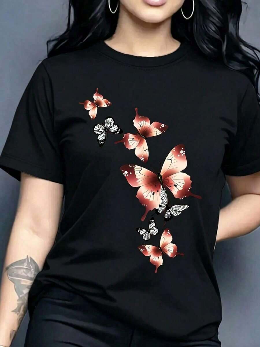 Soft | 1 Women's T-Shirt 100% Breathable Cotton | Women's T-Shirt With Blue And Pink Butterfly Print - Short Sleeve Blouse With Round Neck, Comfortable Medium Stretch Fabric, Machine Washable Casual Top, Opaque And Not See-Through For Everyday Wear, Winter Clothing For Women, Ideal For Summer - 黑色 - 查看 1