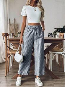 Pantalones sueltos holgados de mujer con estampado de rayas, cintura con cordón y bolsillos, versátiles - Azul marino - Ver 7