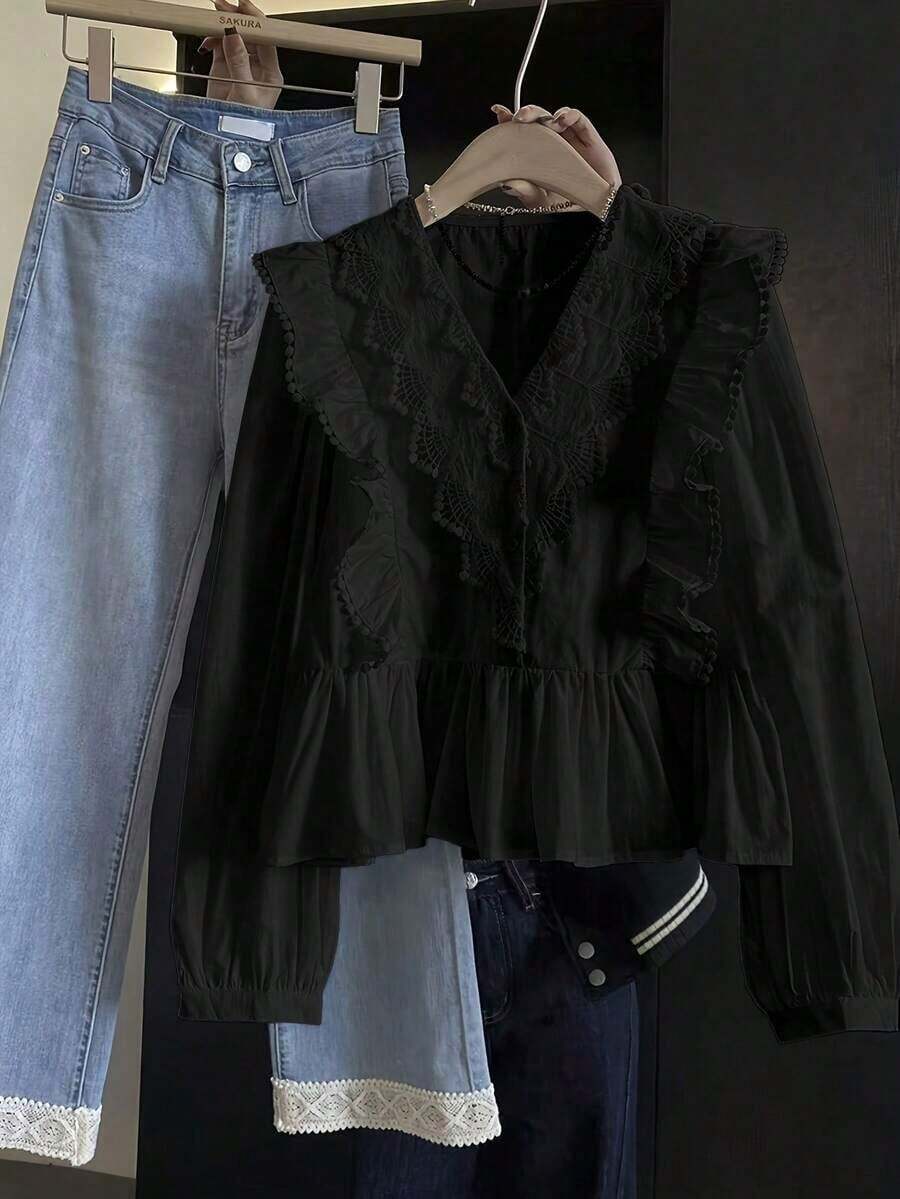 ii Blusa de manga larga con volantes, parches de encaje y unicolor casual blanca para primavera - Negro - Ver 1