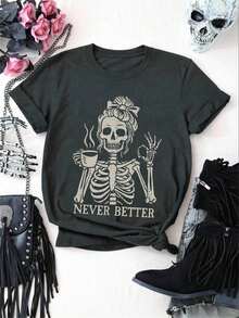 Fashionable Plus Size Women's T-Shirt With Coffee Skull Letter Slogan, Round Neck And Short Sleeve. - 深灰色 5 - 查看 3