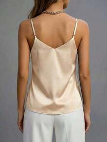 1 pieza Blusa sin mangas de satén de unicolor elegante y de moda para mujer, apropiada para verano, citas por la noche, oficina, vacaciones y uso casual diario, color negro - Champán - Ver 2