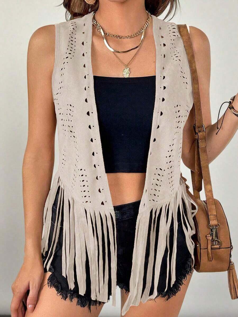 Chaleco/chaqueta de mujer talla grande con estilo boho y western, de unicolor con parches y flecos en el bajo, para usar en verano, otoño e invierno - Albaricoque - Ver 1