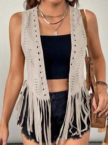 Chaleco/chaqueta de mujer talla grande con estilo boho y western, de unicolor con parches y flecos en el bajo, para usar en verano, otoño e invierno - Albaricoque - Ver 4