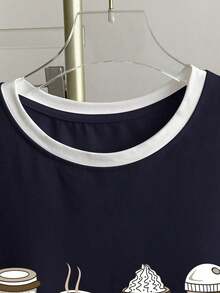 Camiseta casual de mujer de manga corta con cuello redondo, estampado de letras y bloques de color - Azul marino - Ver 3