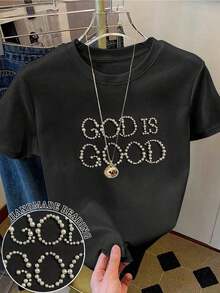 Camiseta casual de mujer con estampado de oso a rayas, verano - Negro - Ver 6