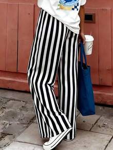 Pantalones sueltos y casuales a rayas para mujer, pantalones ligeros y cómodos de estilo bohemio elegante para primavera, verano y otoño, vacaciones en color rosa - Blanco y Negro - Ver 6