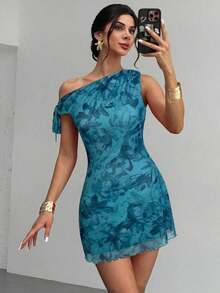mini de vacaciones elegante y sexy con hombro asimétrico y floral nuevo para mujer en verano, vestido floral de malla, vestido de cuello asimétrico, ropa de primavera/verano, atuendo de playa, elegante, sexy, vacaciones, playa, Hawái, cita - Agua verde azul - Ver 1