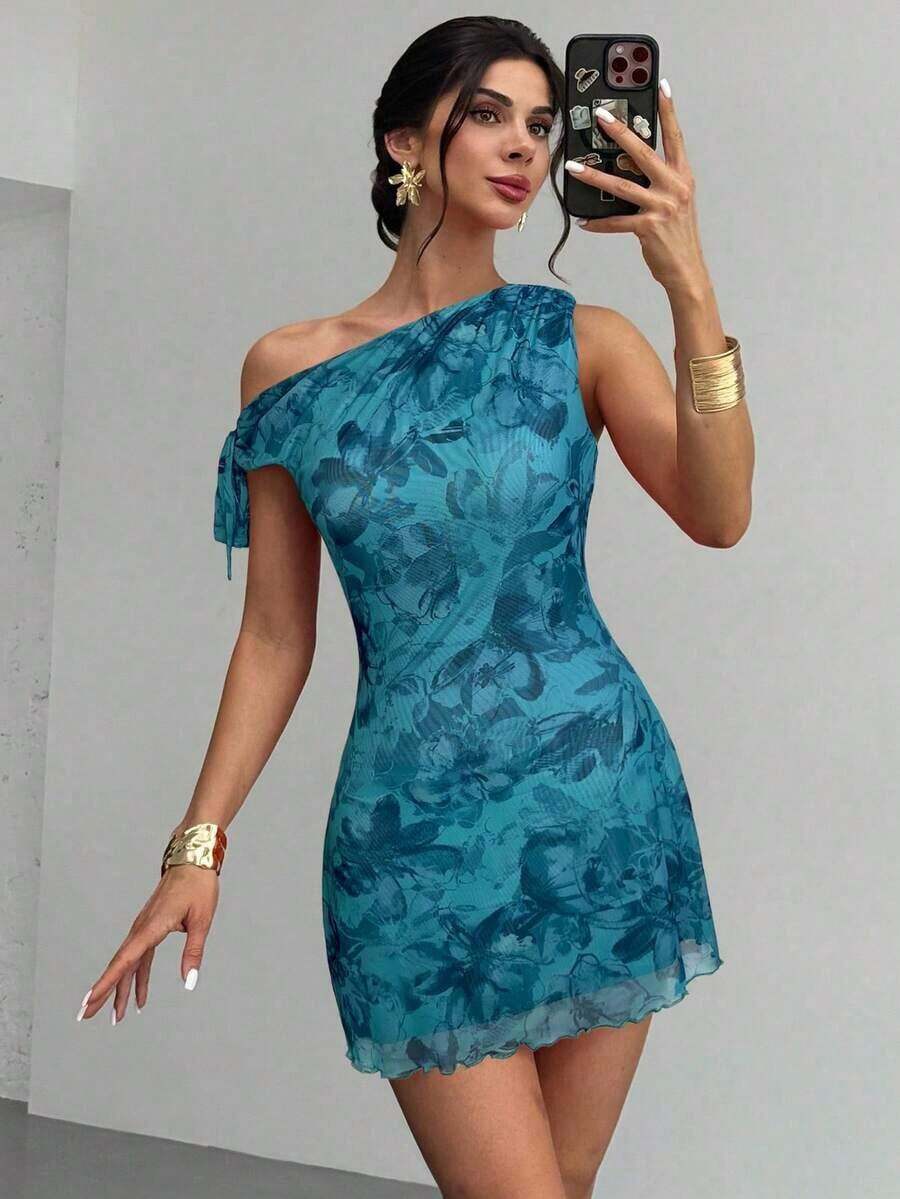 mini de vacaciones elegante y sexy con hombro asimétrico y floral nuevo para mujer en verano, vestido floral de malla, vestido de cuello asimétrico, ropa de primavera/verano, atuendo de playa, elegante, sexy, vacaciones, playa, Hawái, cita - Agua verde azul - Ver 1