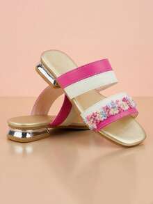 Sandalias planas con flecos de color rosa intenso y blanco crema para niñas de 3 a 12 años, adecuadas para la escuela, fiestas y estilo dulce de niña - Multicolor - Ver 1