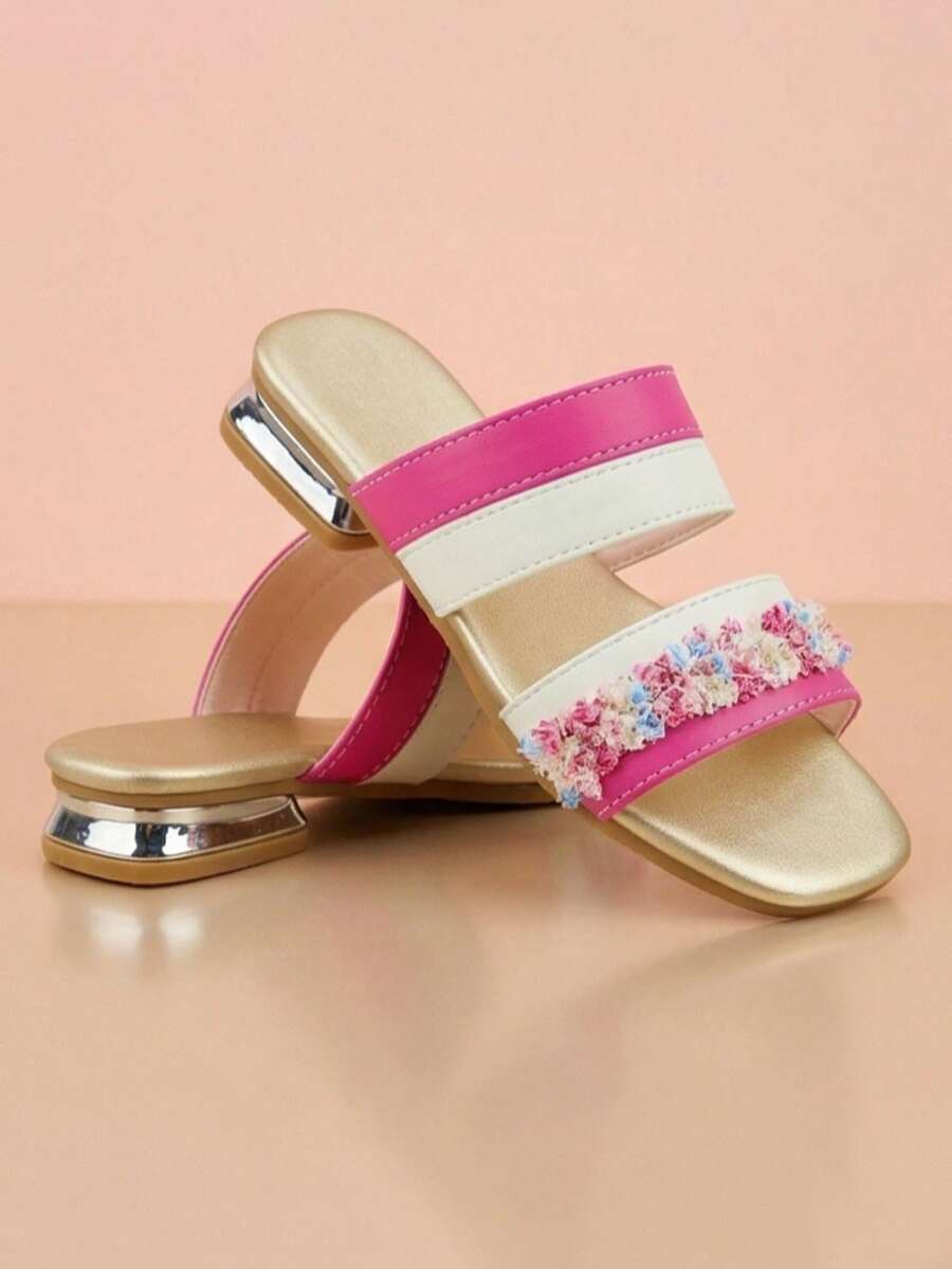 Sandalias planas con flecos de color rosa intenso y blanco crema para niñas de 3 a 12 años, adecuadas para la escuela, fiestas y estilo dulce de niña - Multicolor - Ver 1